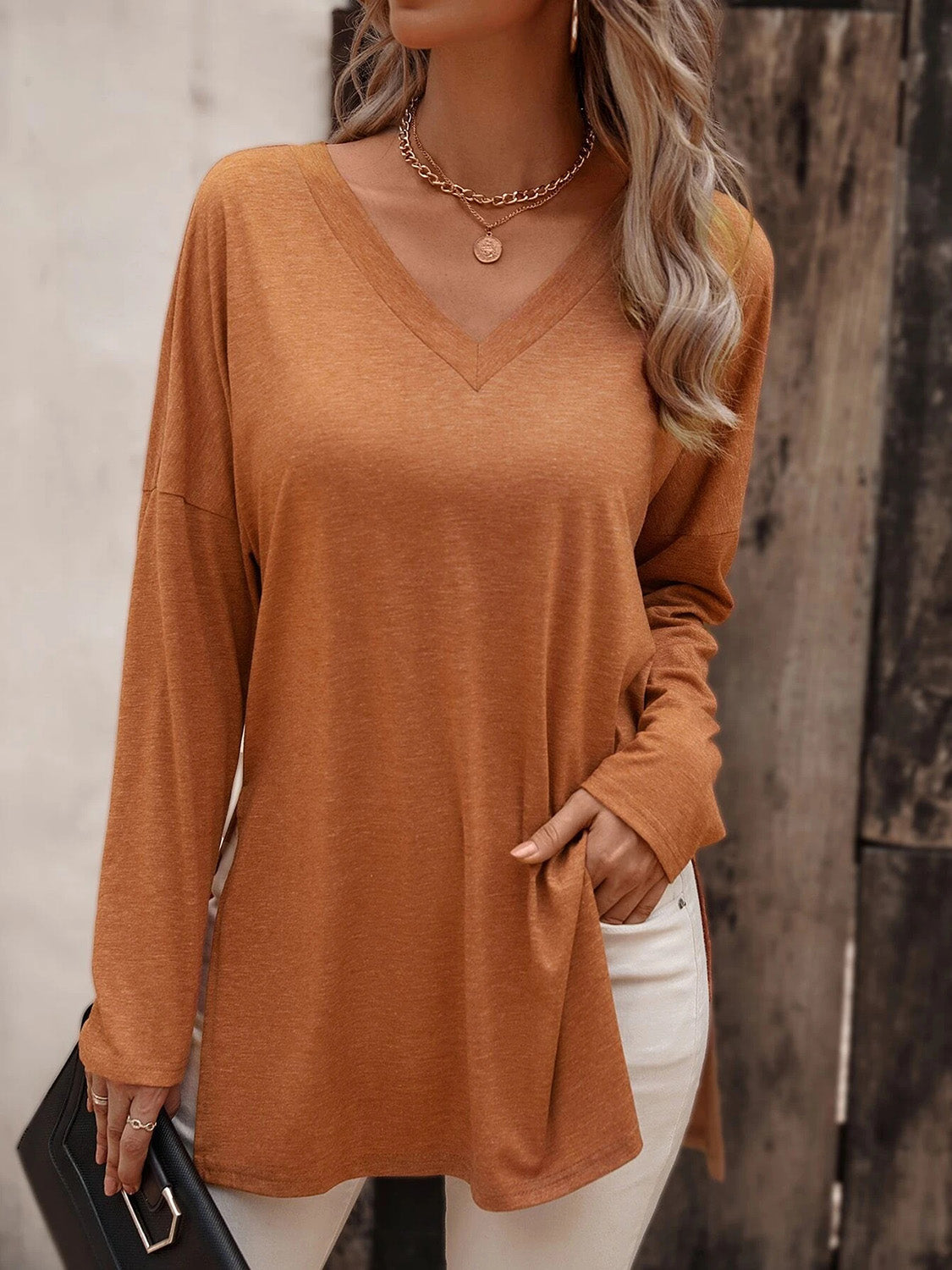 Top - V-Neck Long Sleeve Slit