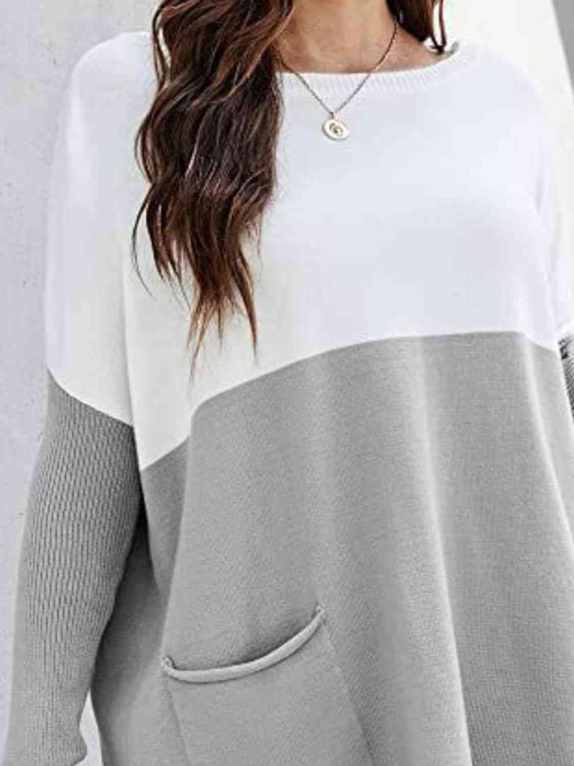 Sweater - Two Tone Pullover  with Pockets