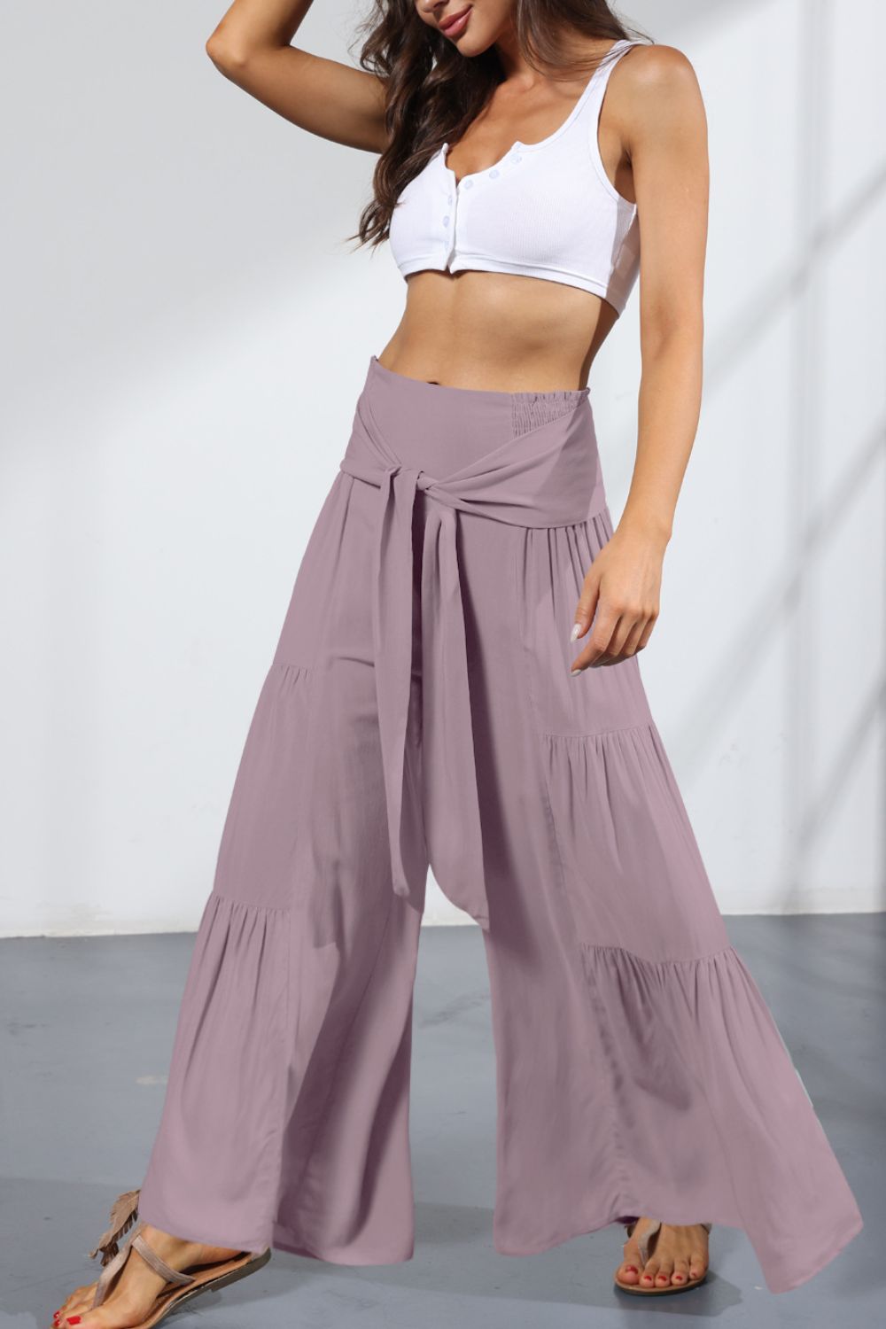 Pants - Tie Front Smocked Tiered Culottes