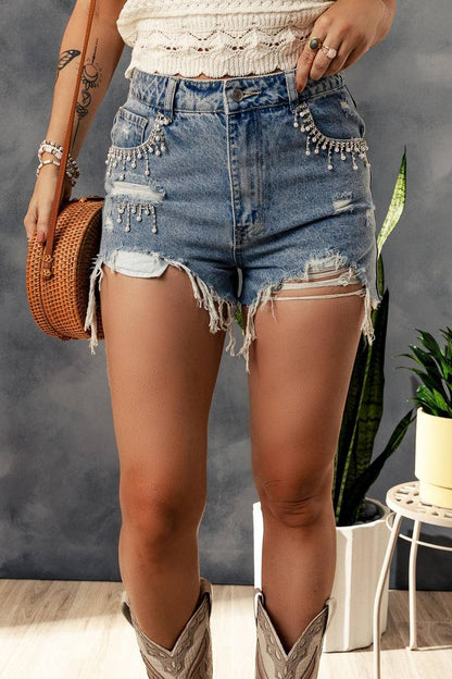 Fringed Rhinestones Distressed Denim Shorts