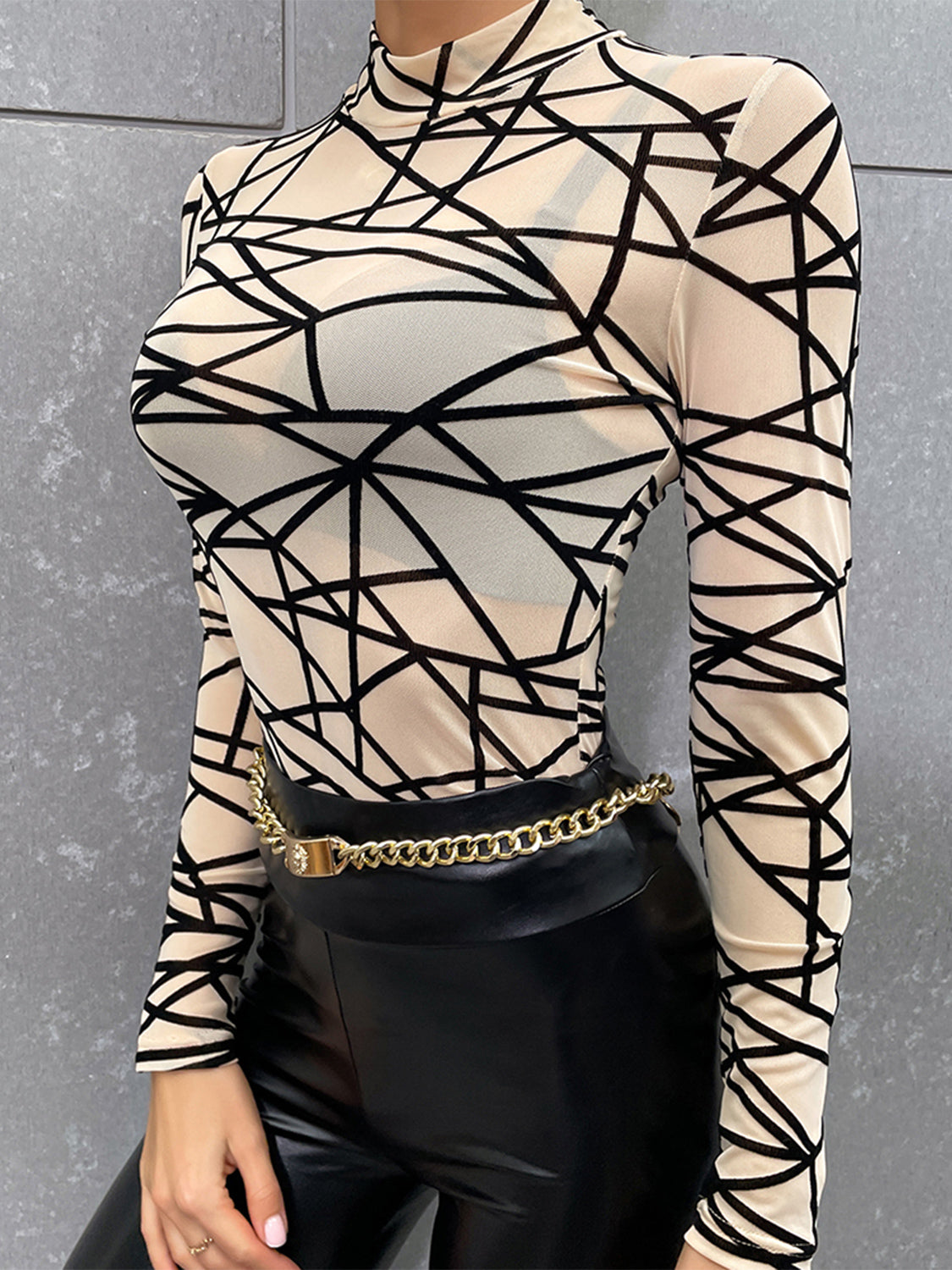 Top - Geometric Mock Neck Long Sleeve