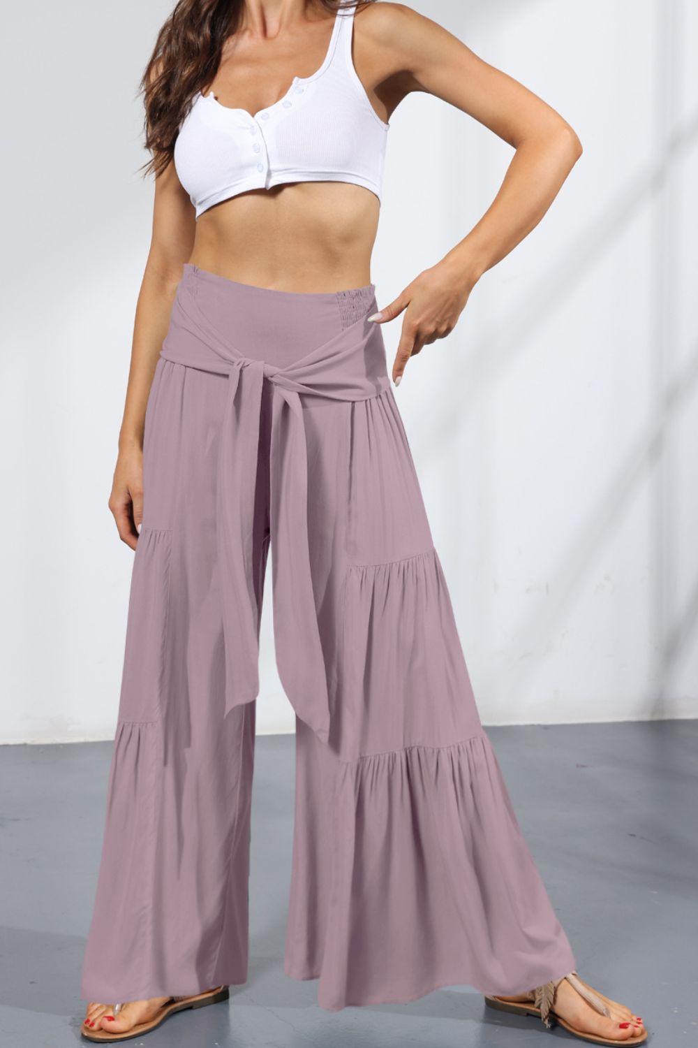 Pants - Tie Front Smocked Tiered Culottes