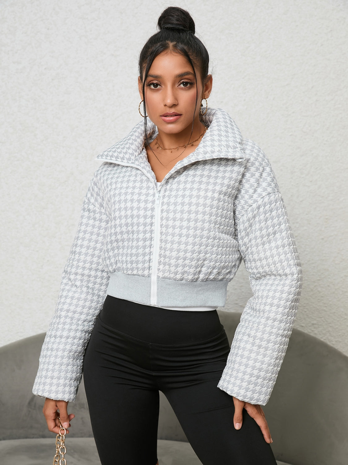 Houndstooth Zip-Up Jacket