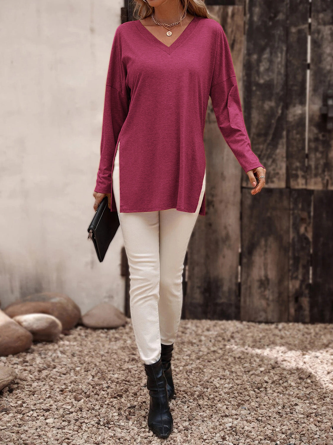 Top - V-Neck Long Sleeve Slit