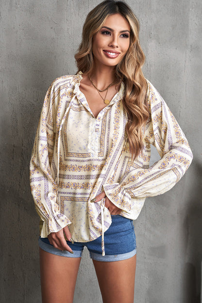 Blouse - Printed Flounce Sleeve Ruffled Neck