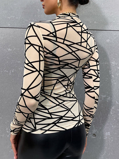 Top - Geometric Mock Neck Long Sleeve