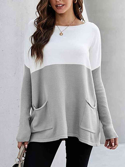 Sweater - Two Tone Pullover  with Pockets