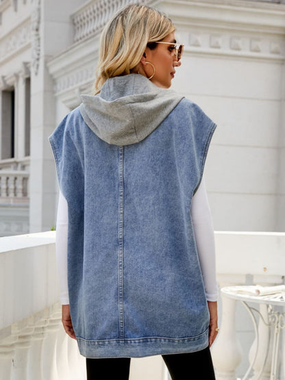 Vest Hooded Sleeveless Denim Top with Pockets