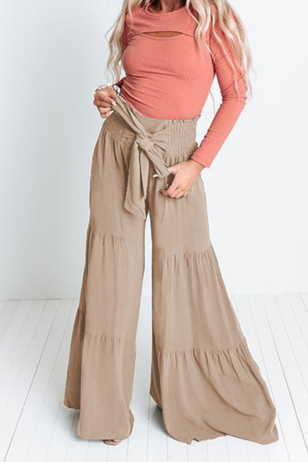 Pants - Tie Front Smocked Tiered Culottes