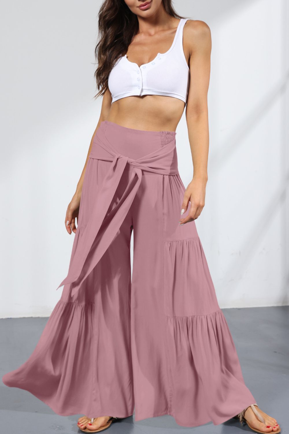 Pants - Tie Front Smocked Tiered Culottes