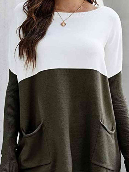 Sweater - Two Tone Pullover  with Pockets