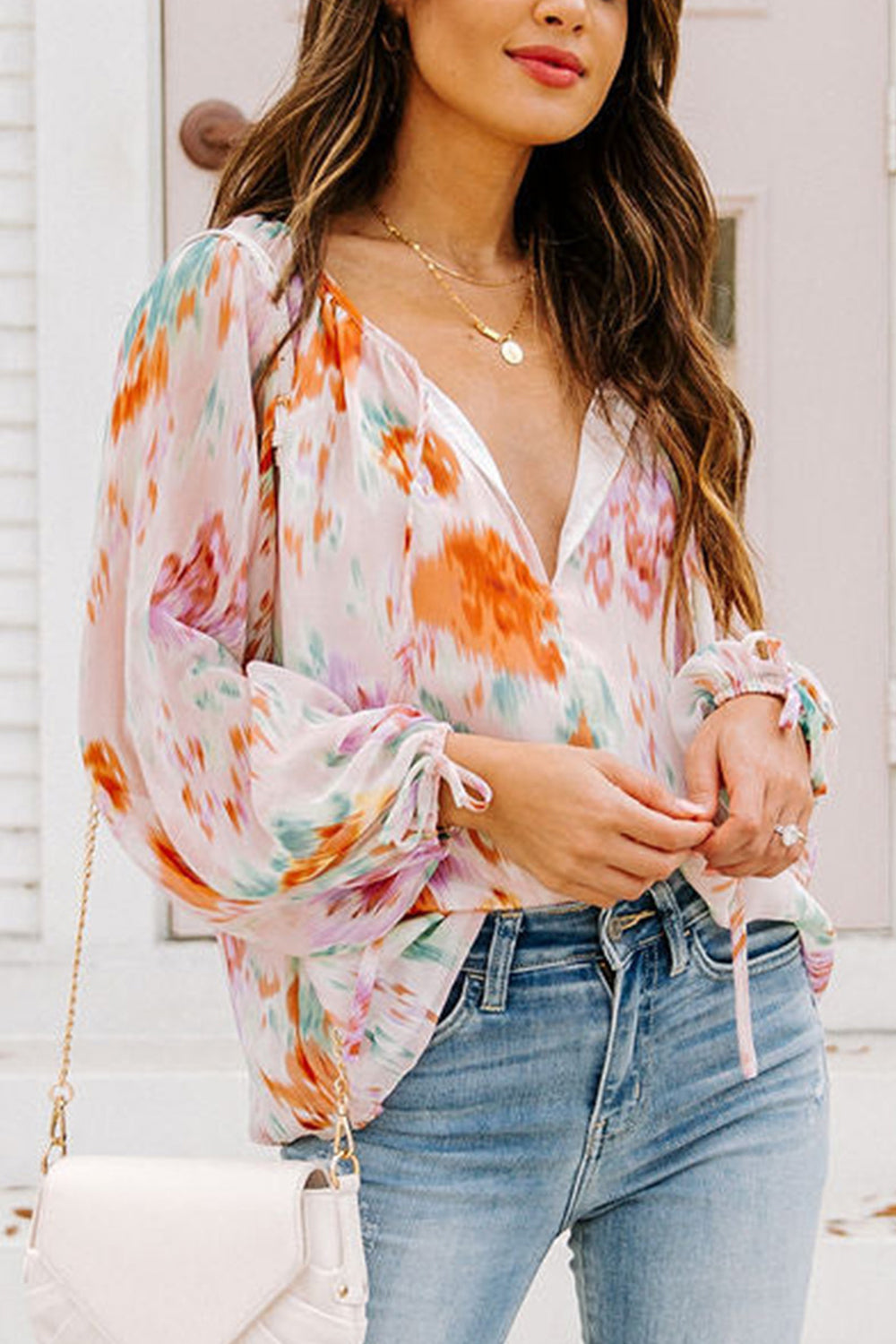 Blouse - Printed Tie Neck Long Sleeve