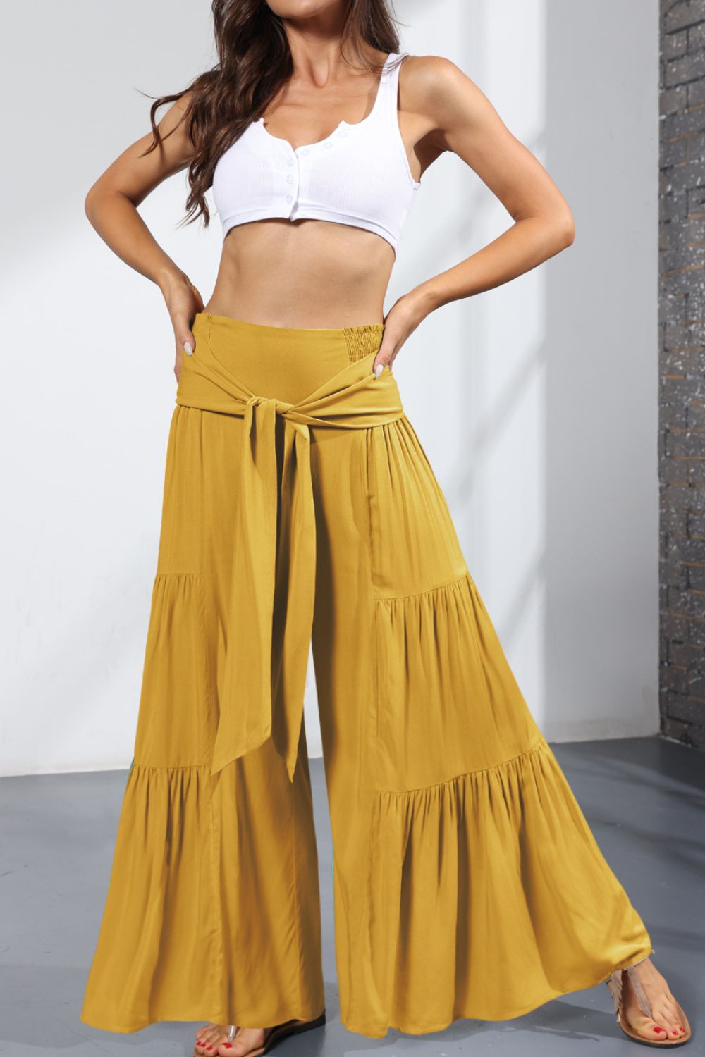 Pants - Tie Front Smocked Tiered Culottes