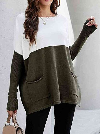 Sweater - Two Tone Pullover  with Pockets