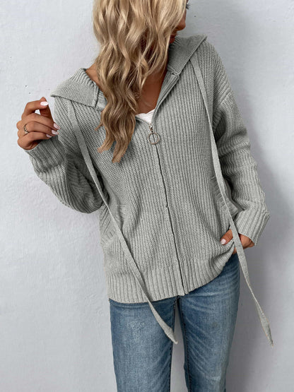 Cardigan - Zip-Up Drawstring Detail Hooded