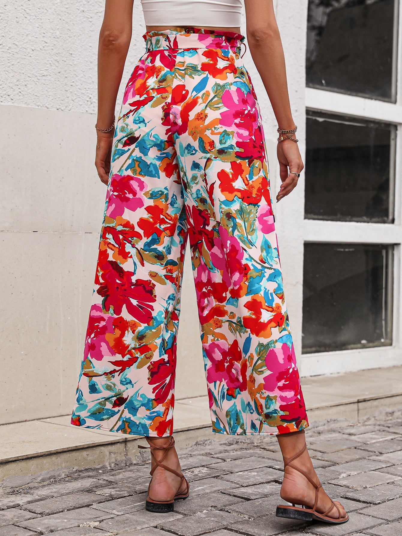 Pants - Floral Tie Belt Wide Leg