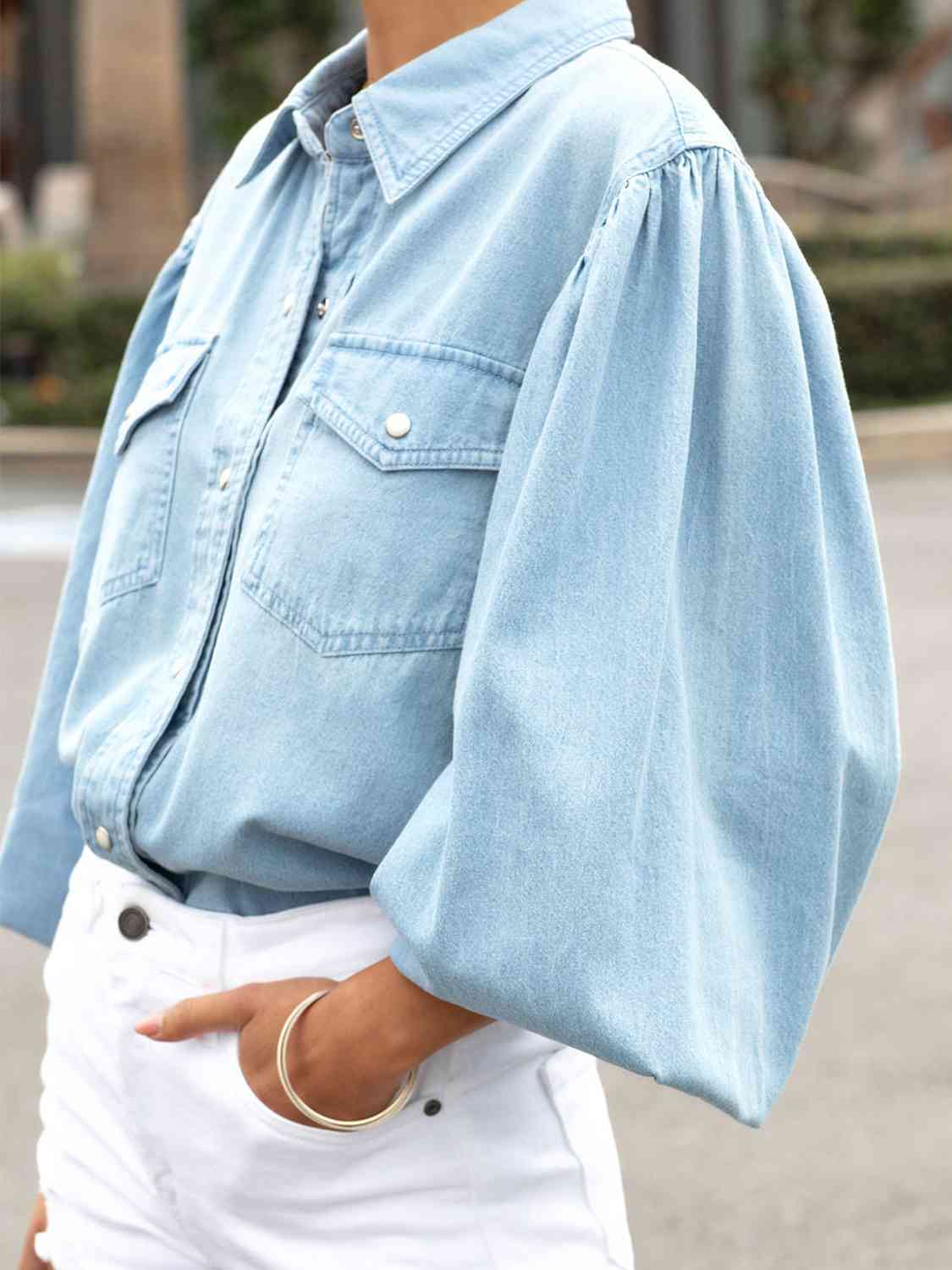 Top - Snap Down Puff Sleeve Denim