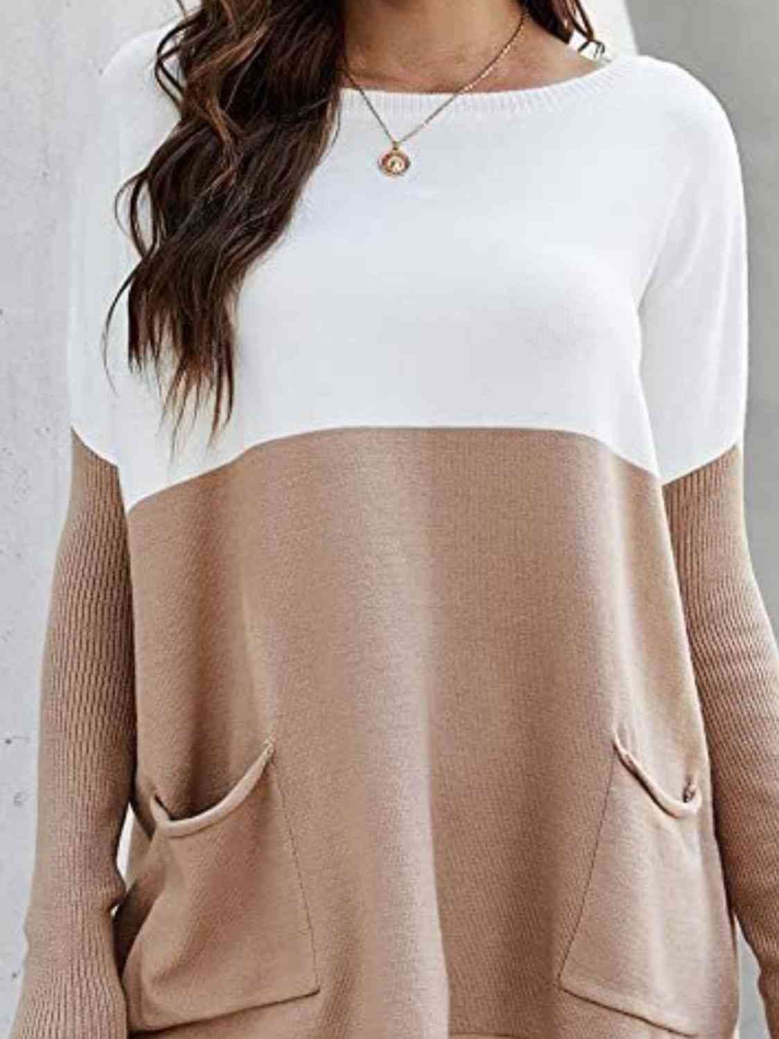 Sweater - Two Tone Pullover  with Pockets