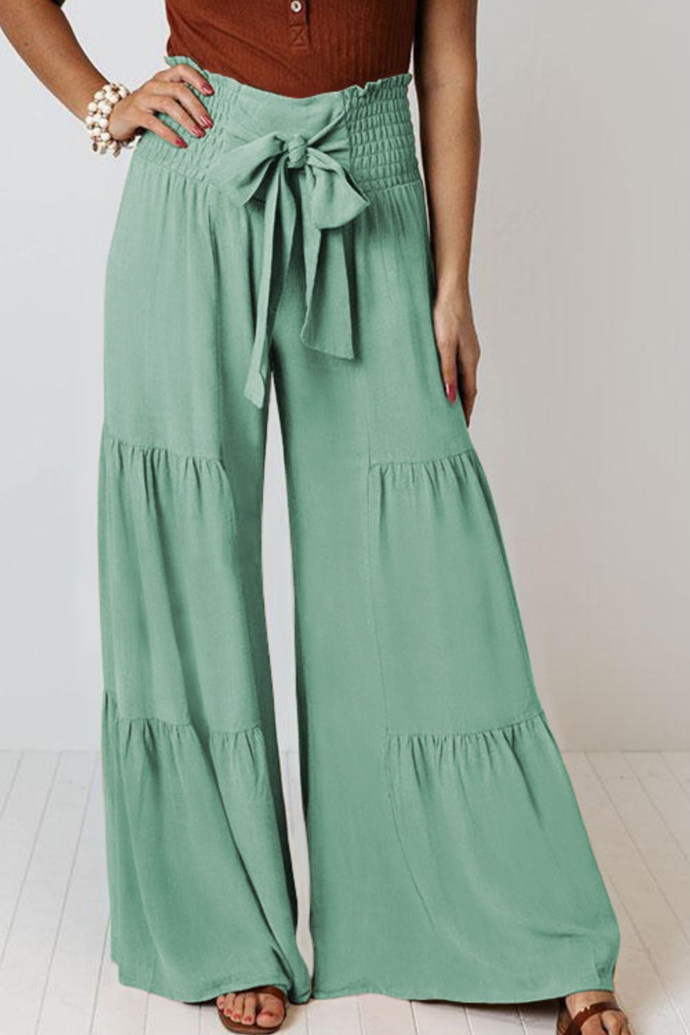 Pants - Tie Front Smocked Tiered Culottes