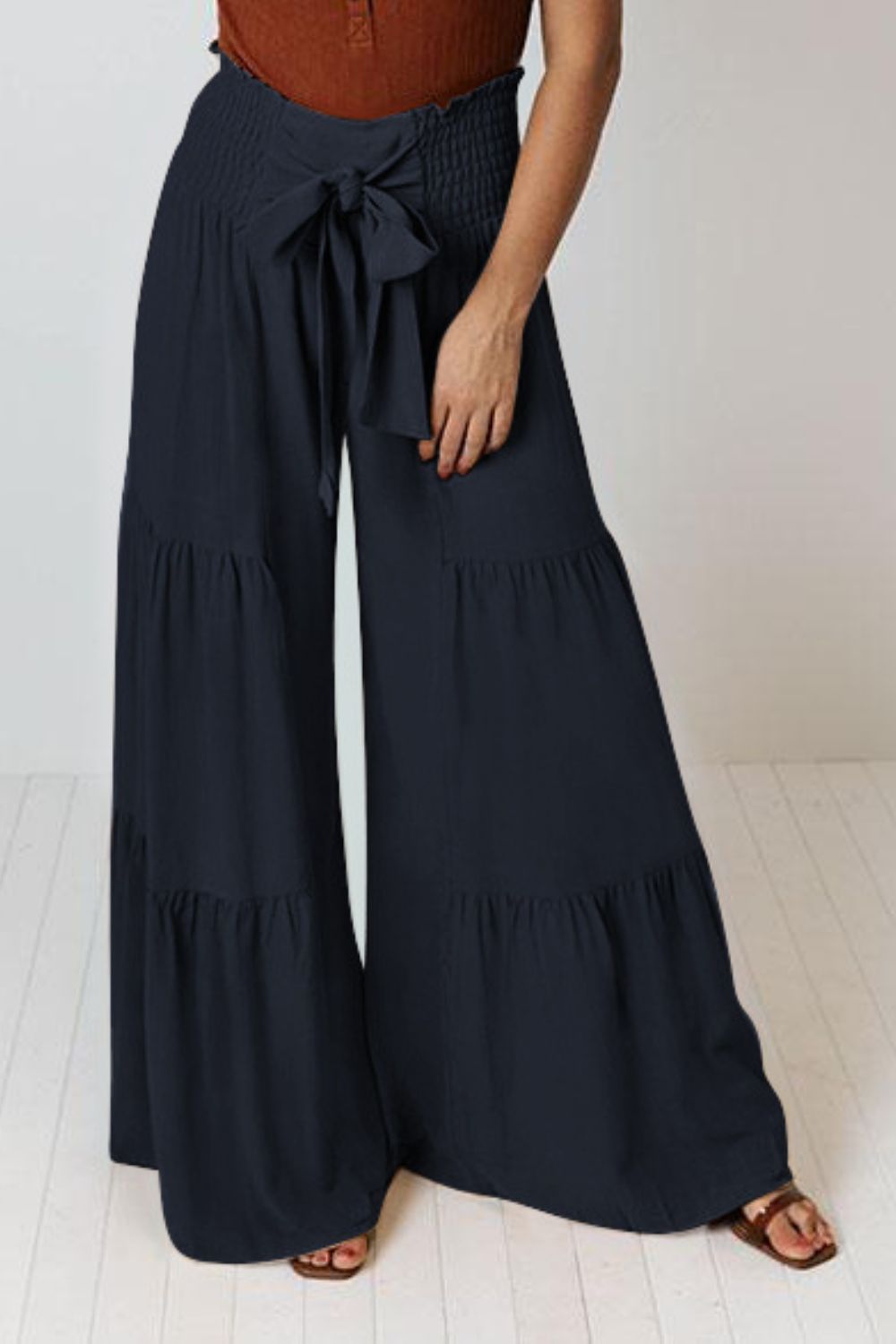 Pants - Tie Front Smocked Tiered Culottes