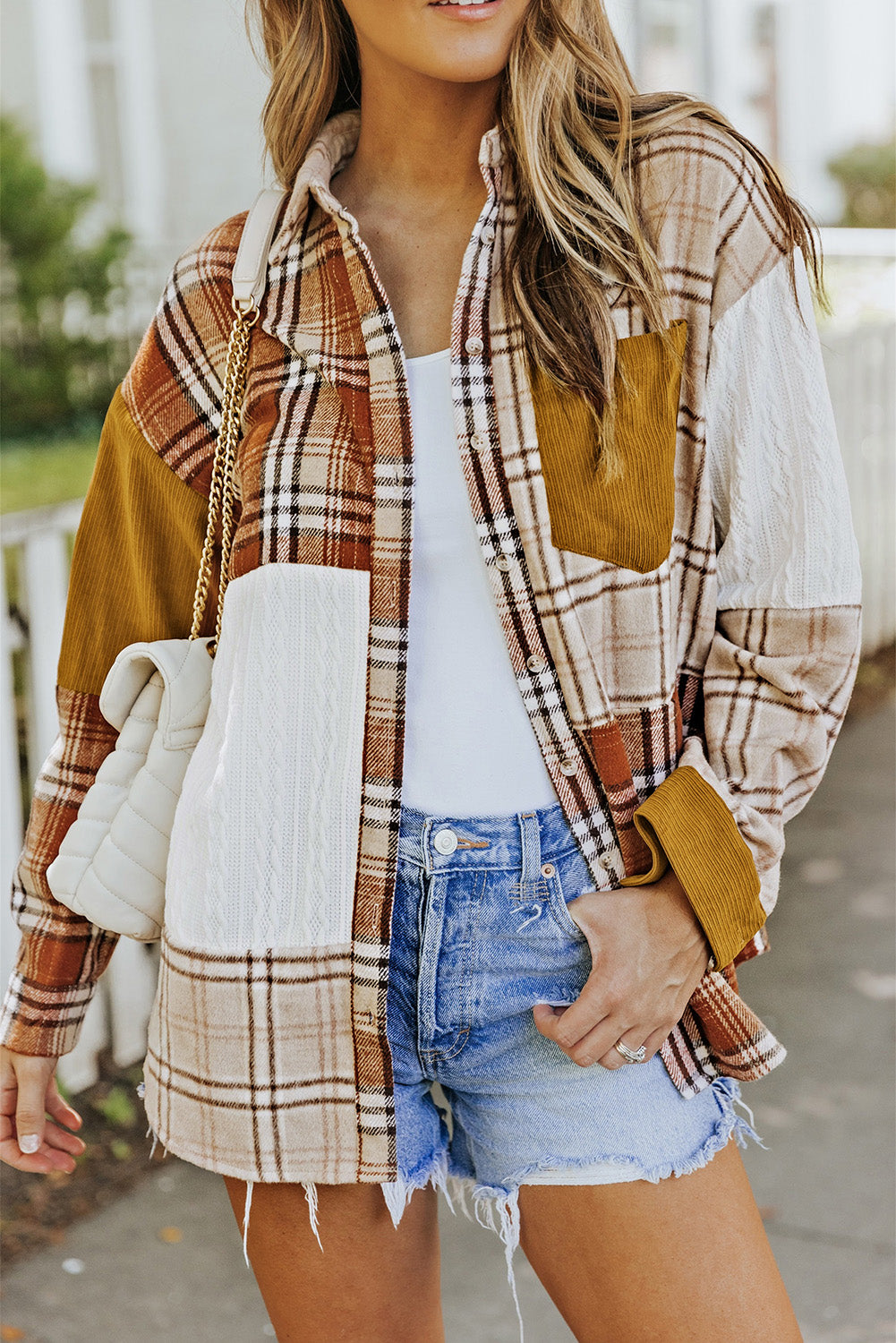 Shacket - "Double Take" Plaid Color Block Dropped Shoulder