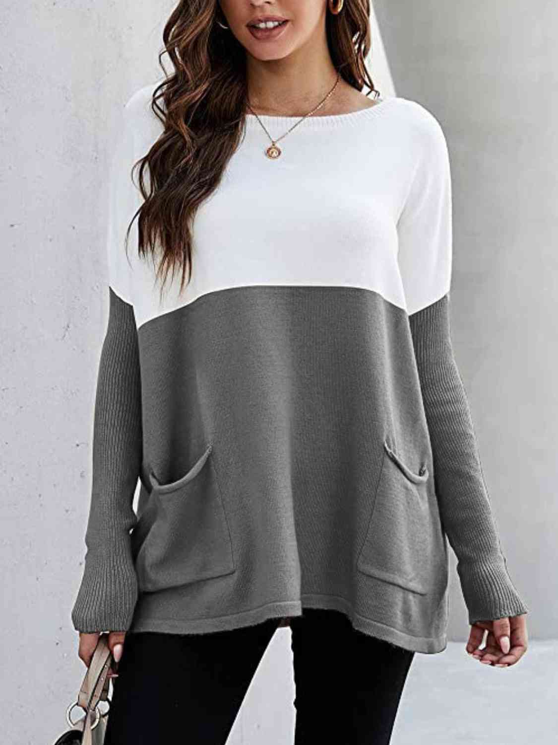 Sweater - Two Tone Pullover  with Pockets