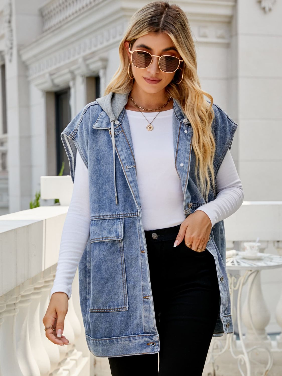 Vest Hooded Sleeveless Denim Top with Pockets