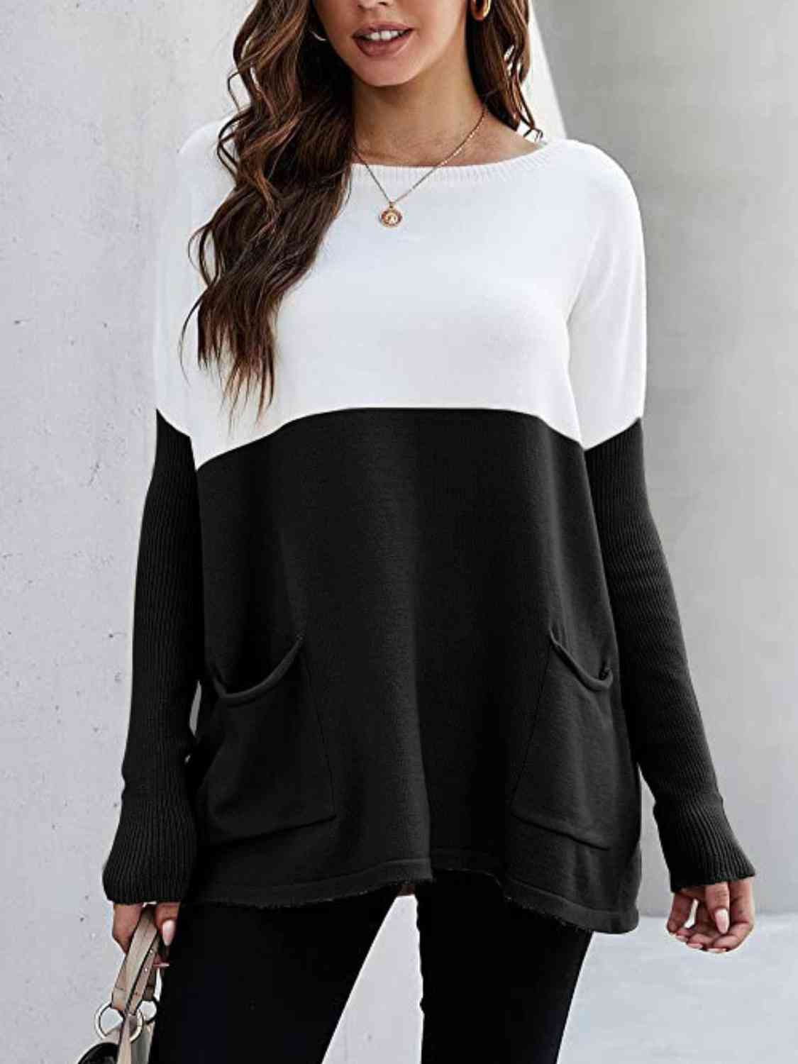 Sweater - Two Tone Pullover  with Pockets