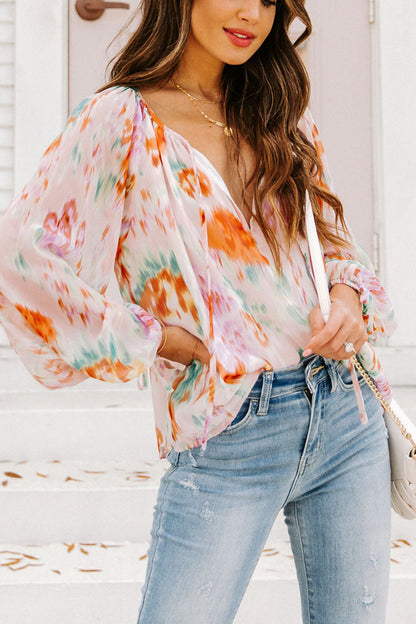 Blouse - Printed Tie Neck Long Sleeve