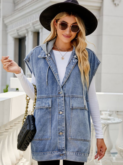 Vest Hooded Sleeveless Denim Top with Pockets