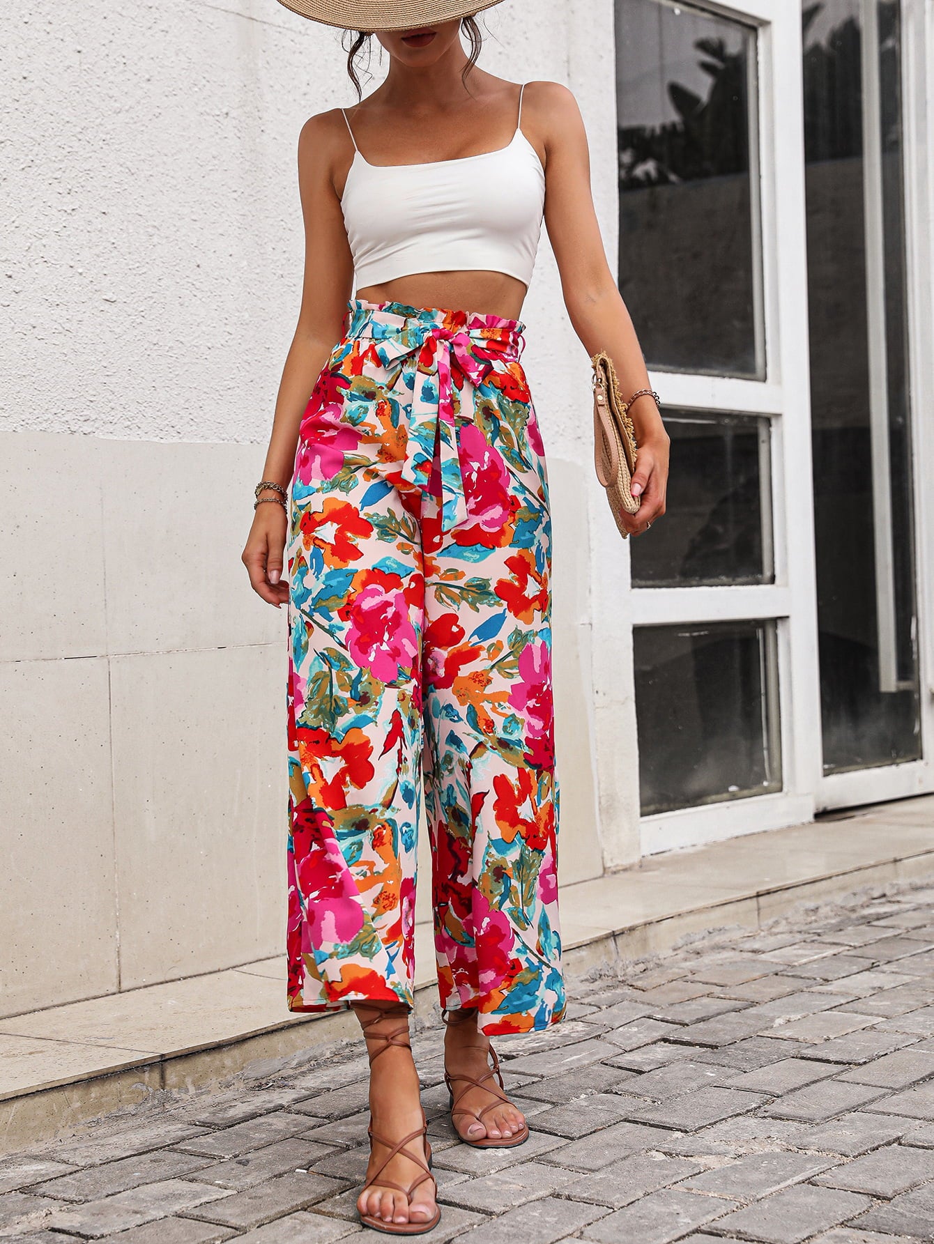 Pants - Floral Tie Belt Wide Leg