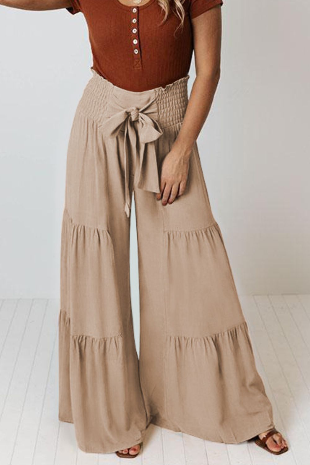 Pants - Tie Front Smocked Tiered Culottes