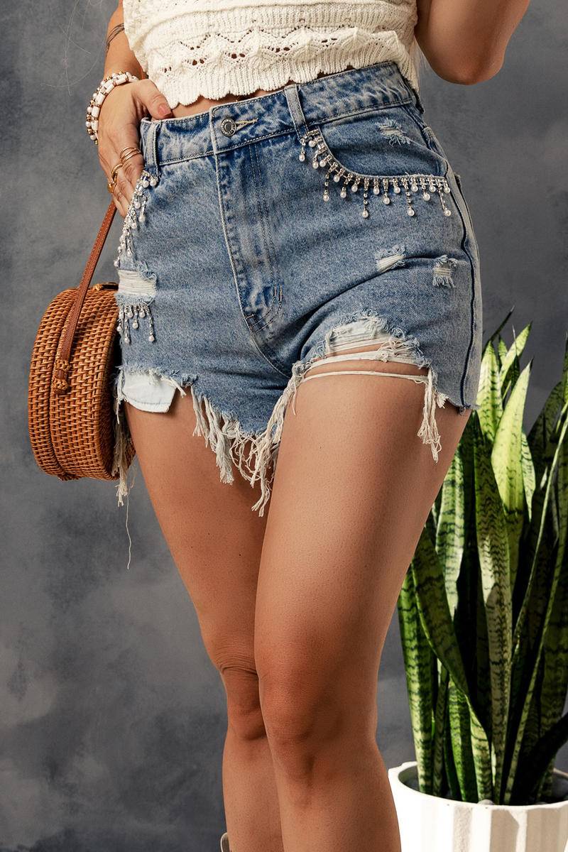 Fringed Rhinestones Distressed Denim Shorts