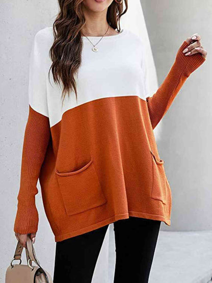 Sweater - Two Tone Pullover  with Pockets