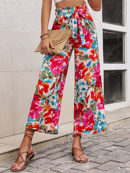 Pants - Floral Tie Belt Wide Leg