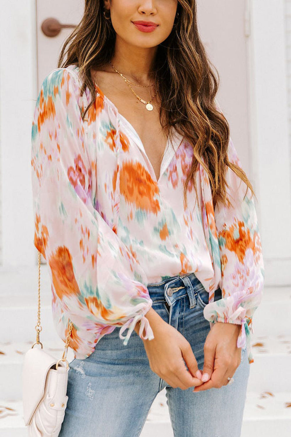 Blouse - Printed Tie Neck Long Sleeve