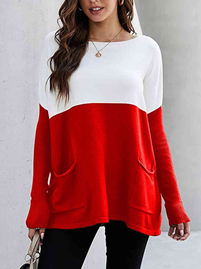 Sweater - Two Tone Pullover  with Pockets