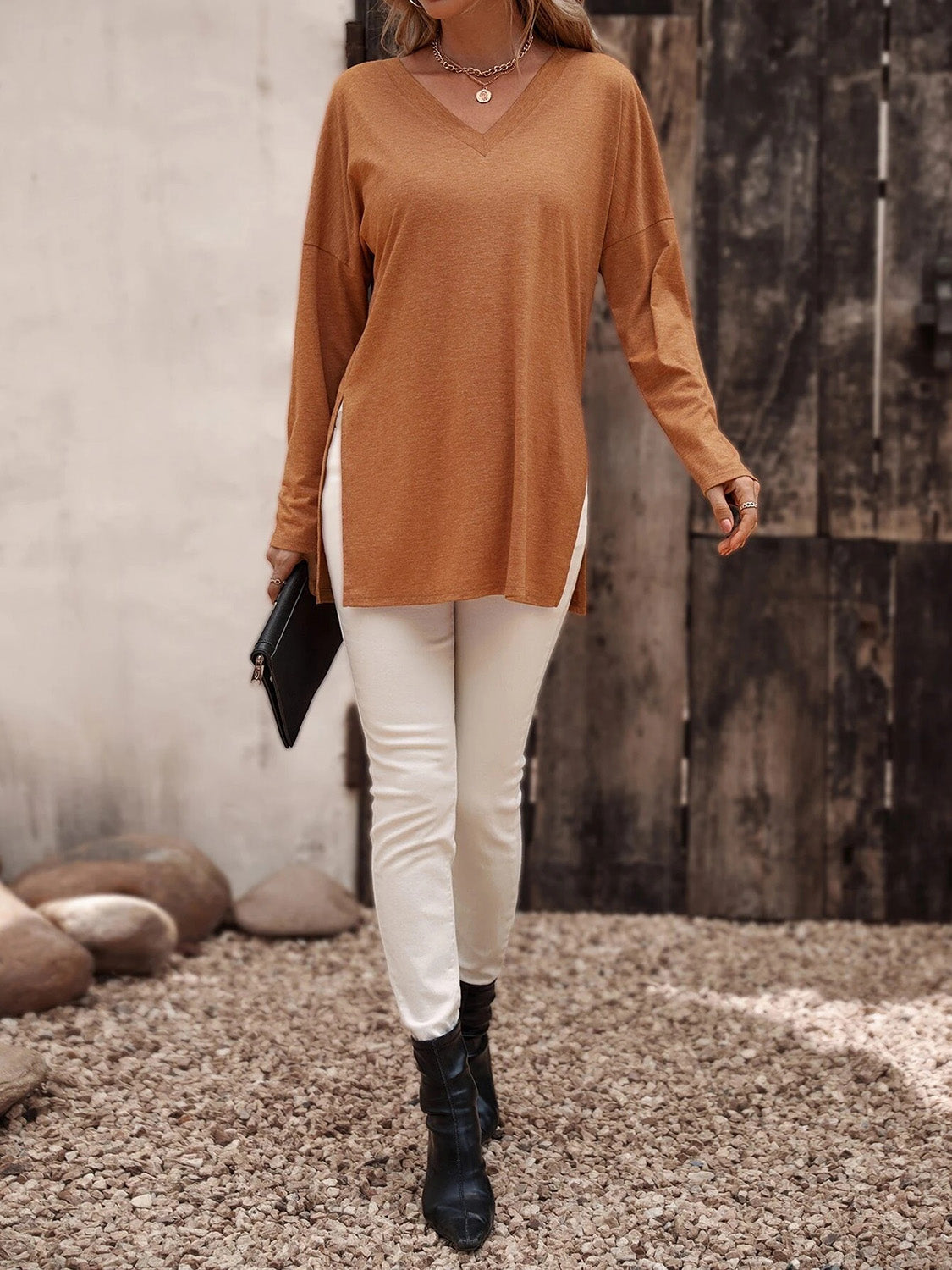 Top - V-Neck Long Sleeve Slit