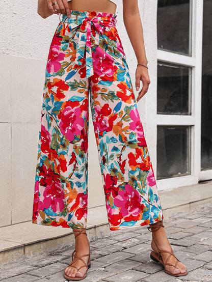 Pants - Floral Tie Belt Wide Leg