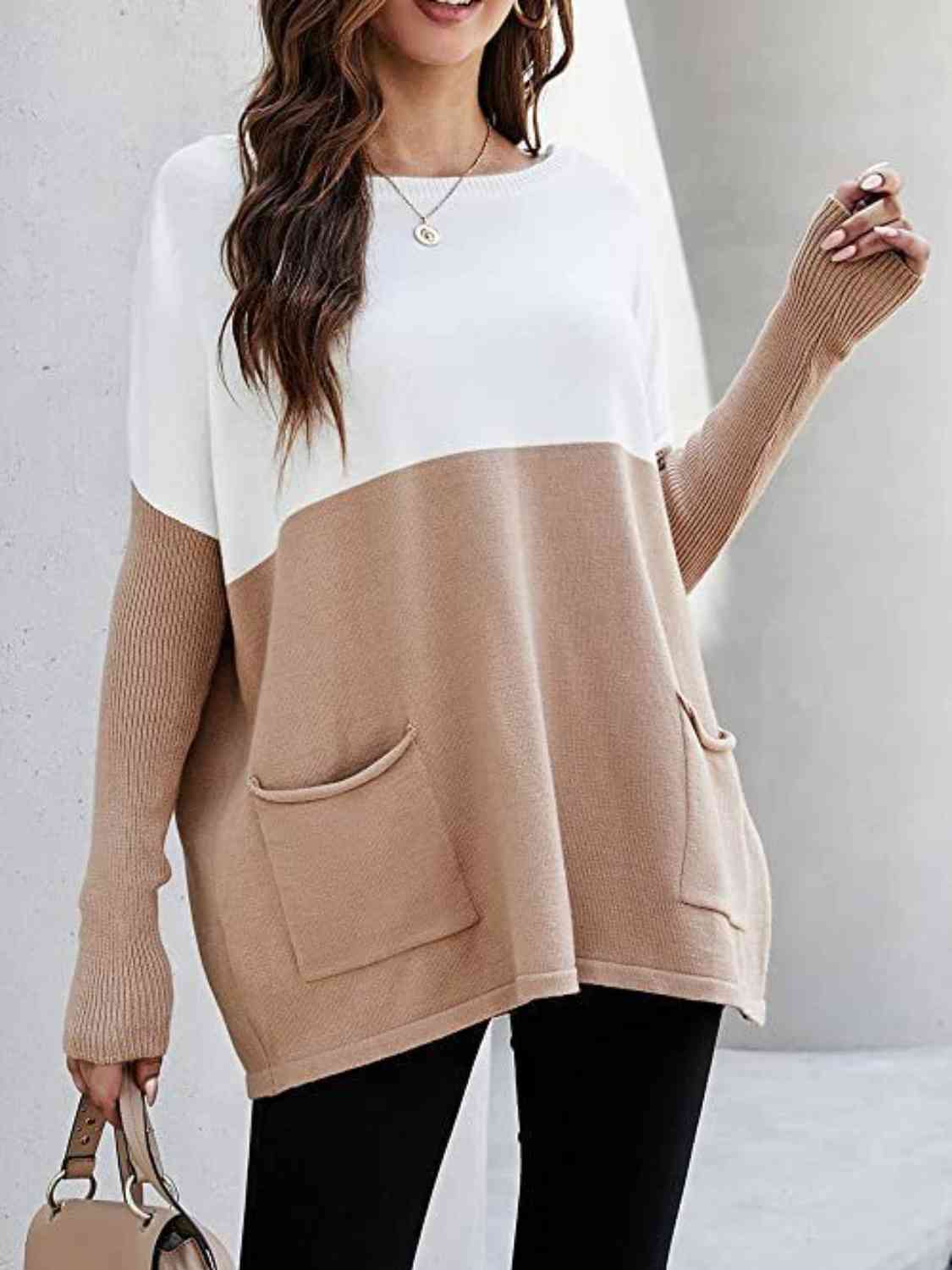 Sweater - Two Tone Pullover  with Pockets