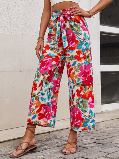 Pants - Floral Tie Belt Wide Leg