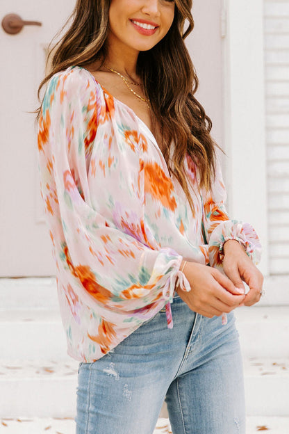 Blouse - Printed Tie Neck Long Sleeve