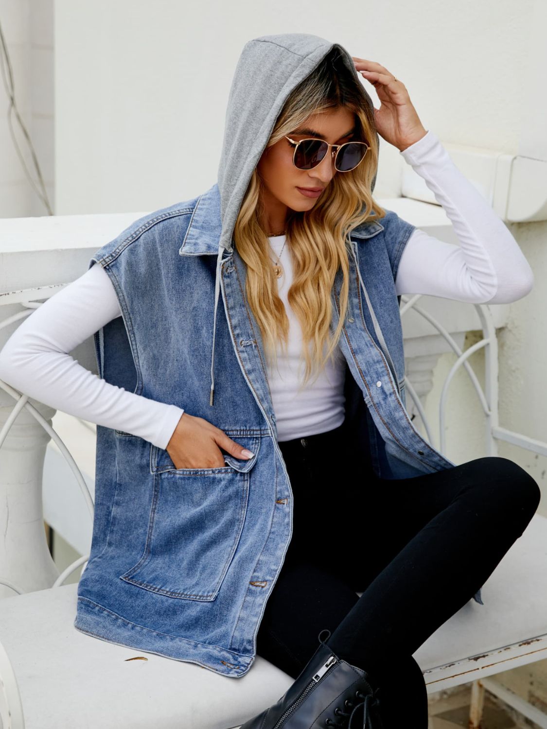 Vest Hooded Sleeveless Denim Top with Pockets