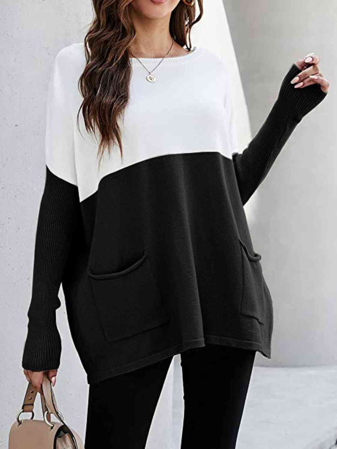 Sweater - Two Tone Pullover  with Pockets