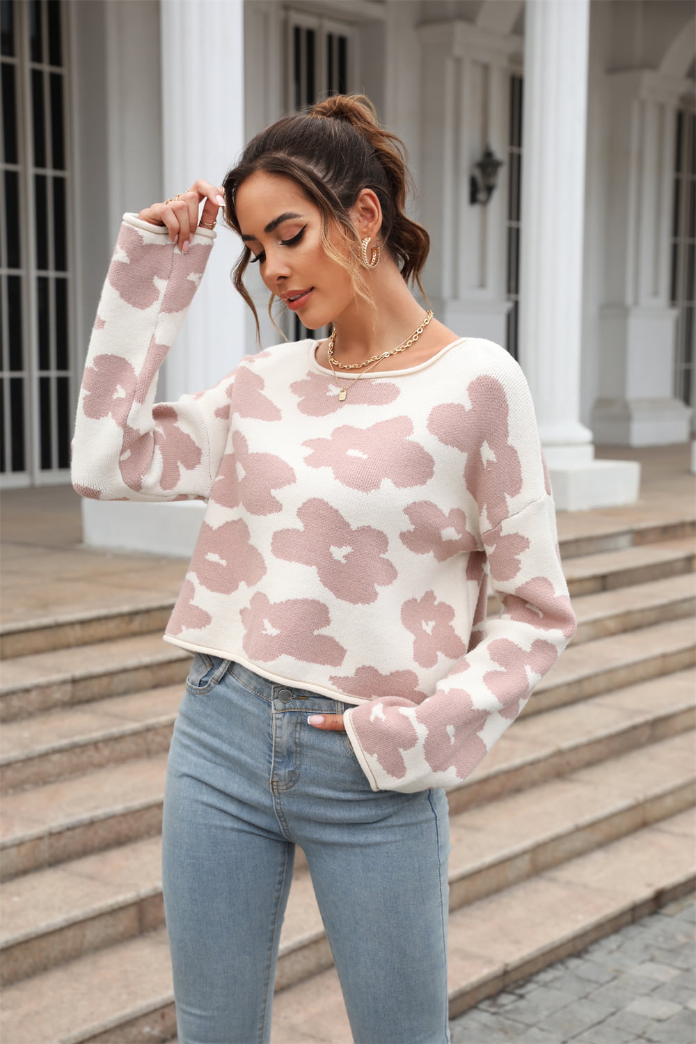 Sweater - Flower Dropped Shoulder