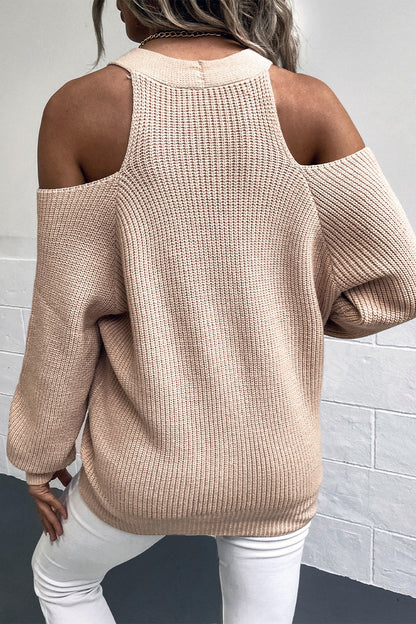 Cardigan - Cold Shoulder Plunge Neck Ribbed