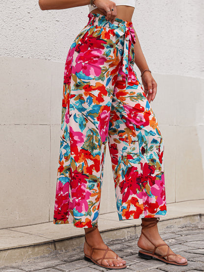 Pants - Floral Tie Belt Wide Leg